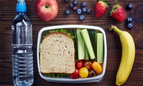 Dietary intake - healthy school lunchbox with a sandwich and fruit.